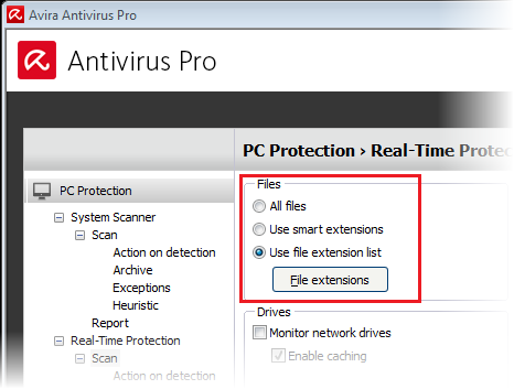 Antivirus pro - configuration - real time protection - scan files